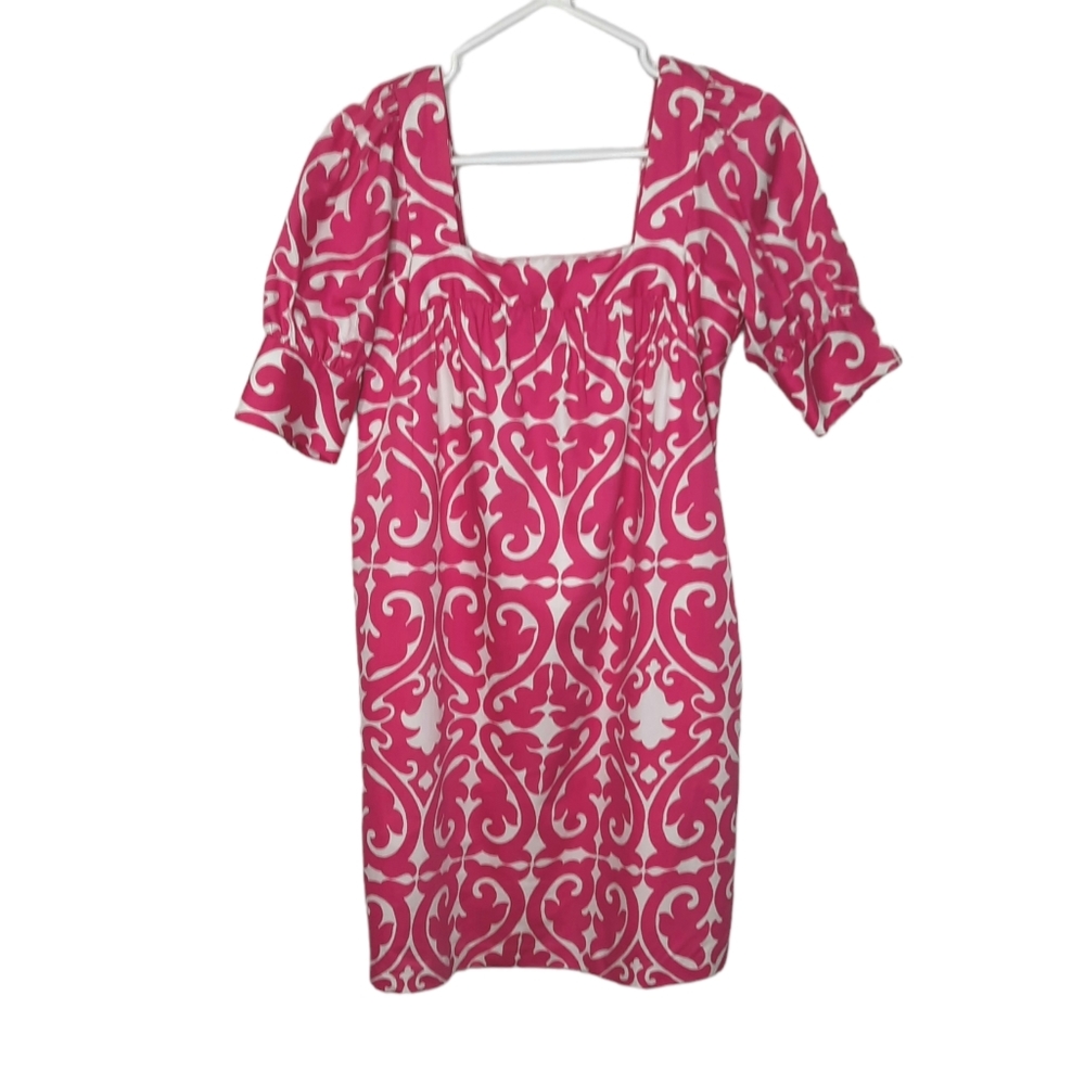 Milly of New York Shift Dress Puff Sleeve Square Neck Pink White Womens Size 4